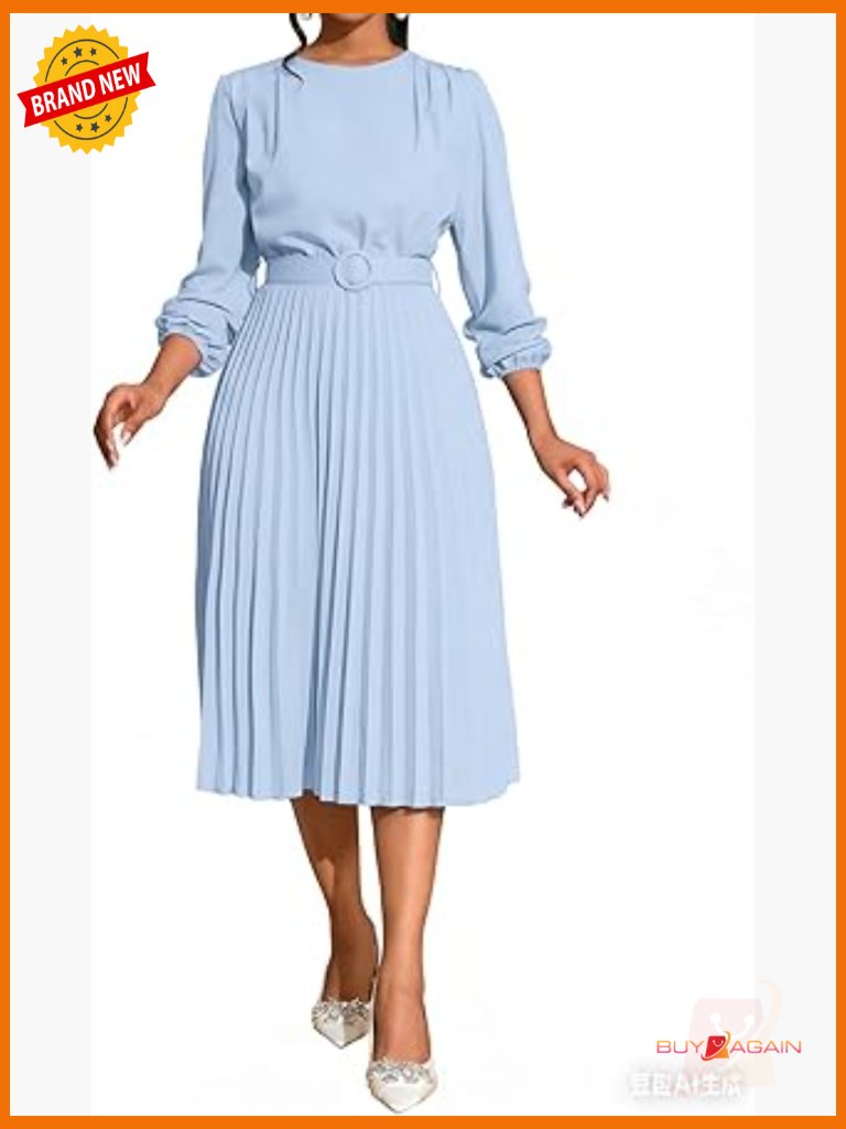 Women's Long Sleeve Pleated Midi Dress With Belt For Formal Occasions